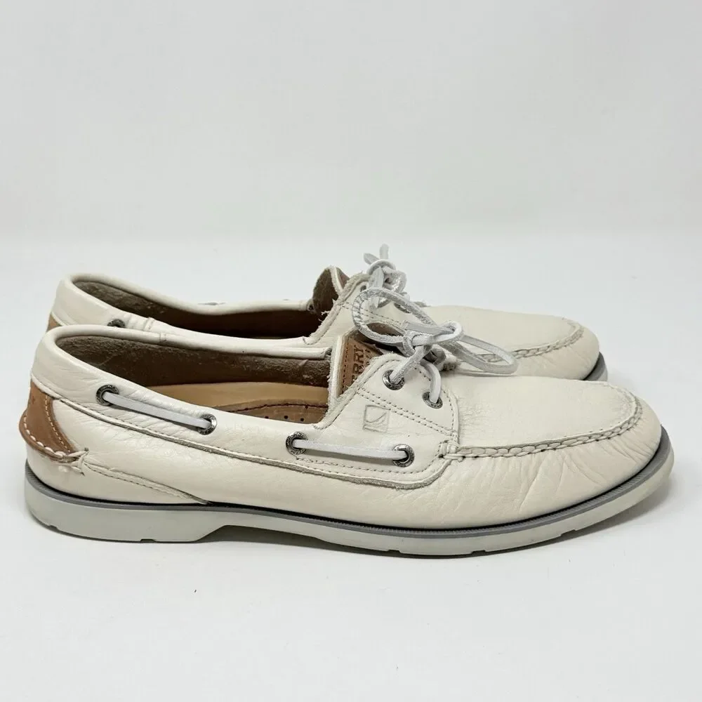 Sperry Top Sider Boat Shoes Mens 11 M Ivory White Leather 2 Eye Casual Moccasin